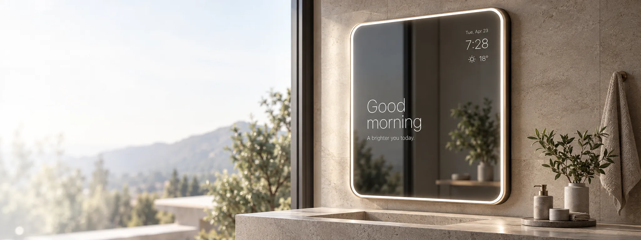 Mira smart mirror in a calm, sunlit stone bathroom